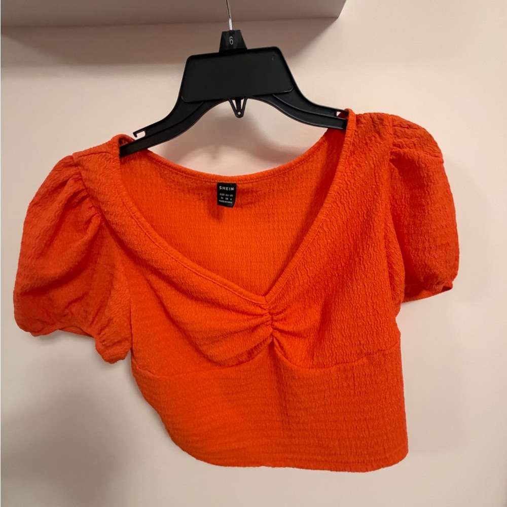 Shein Orange Puff Sleeve Cropped Top